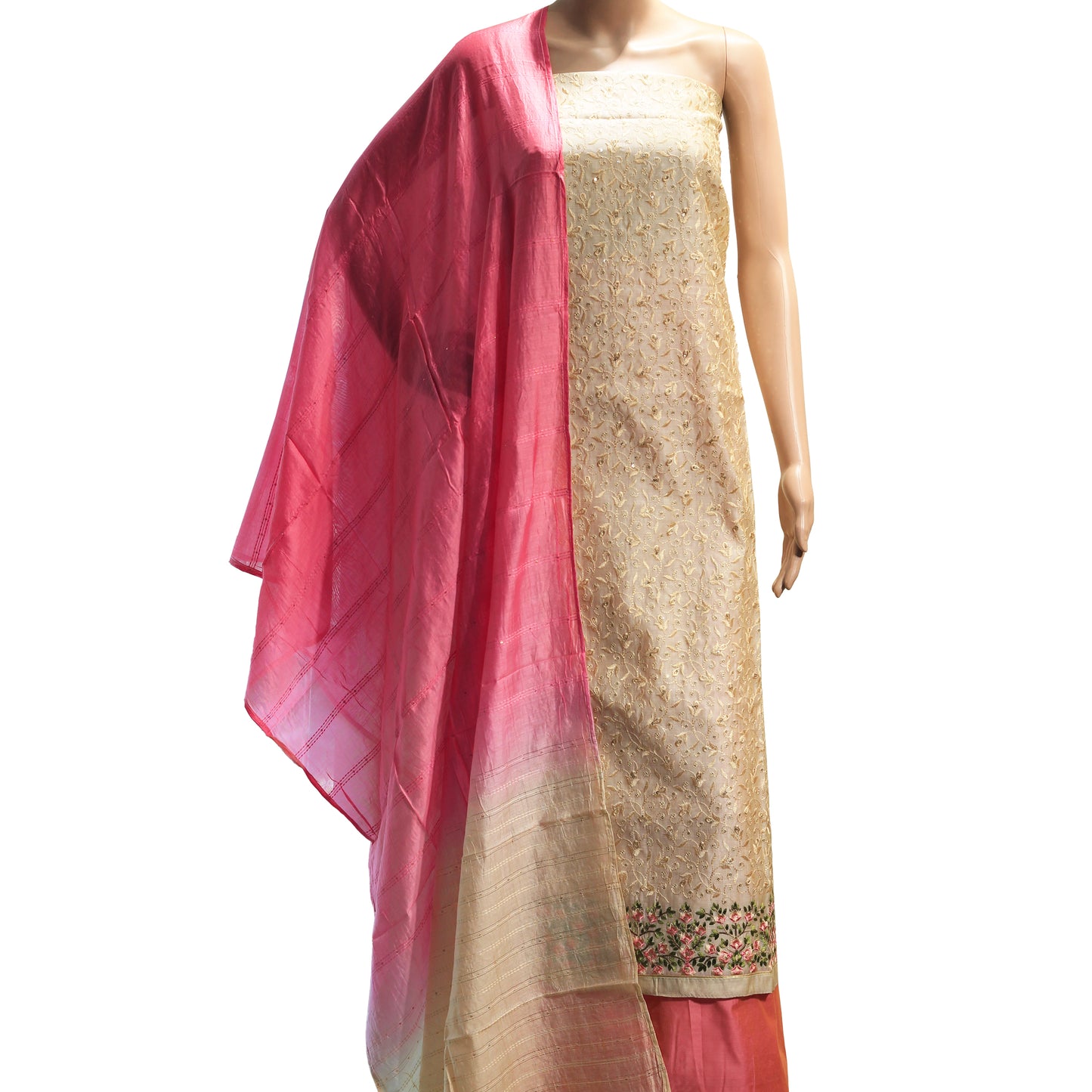 cream and pink chanderi silk unstitched dress material with embroidery