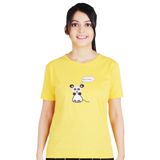 yellow color round neck and short sleeve t shirt with cartoon print with writing good night in black and white color