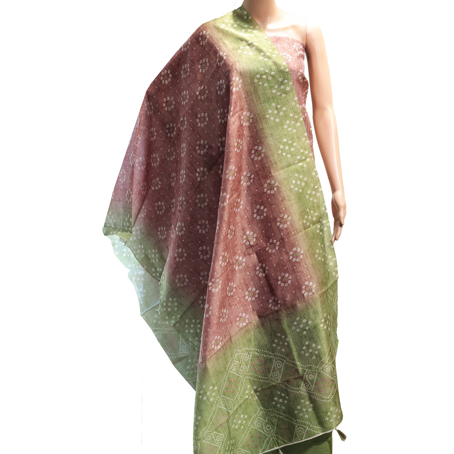brown and green bandhni dress material in silk