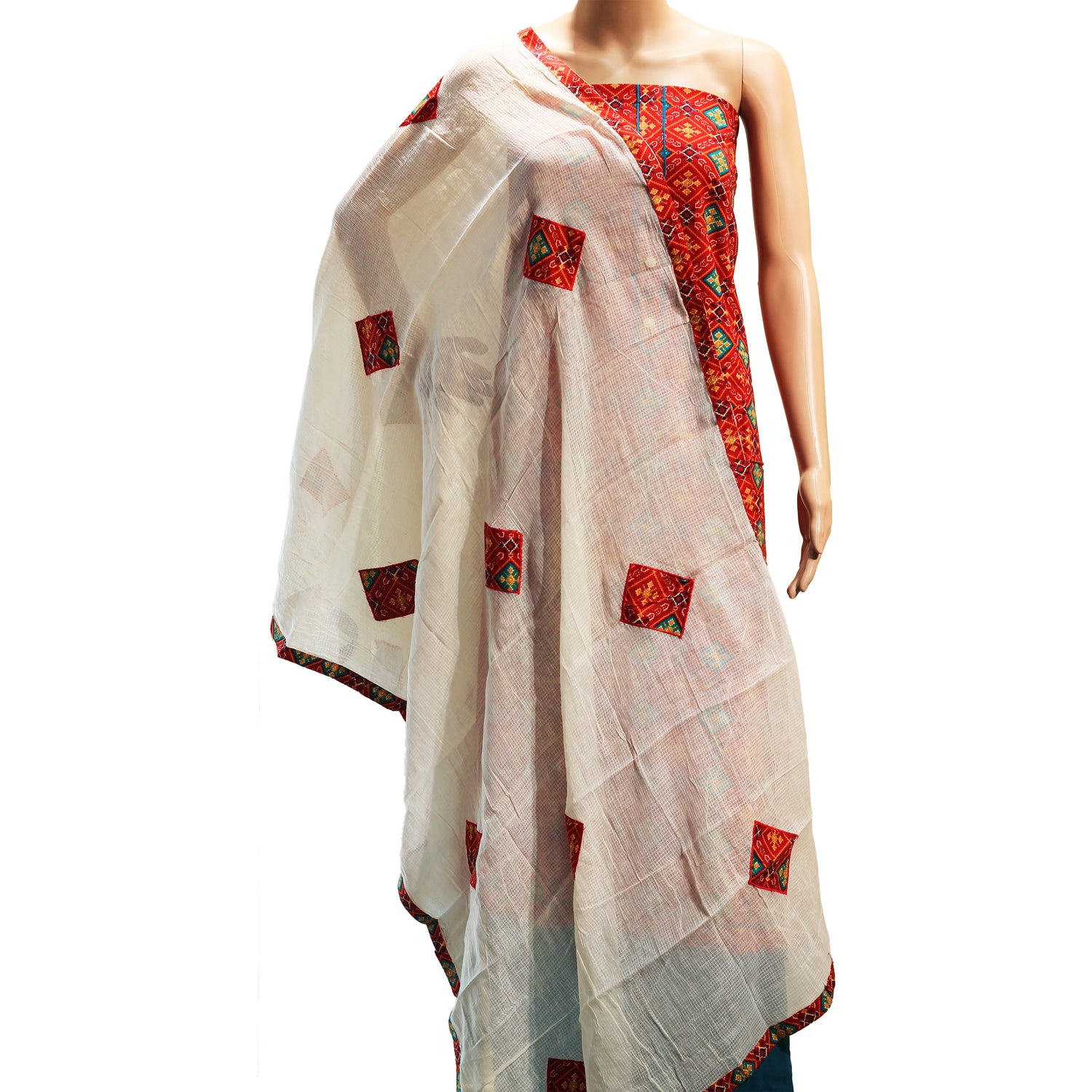 cotton mul dupatta in white with red color matching patola print applique work