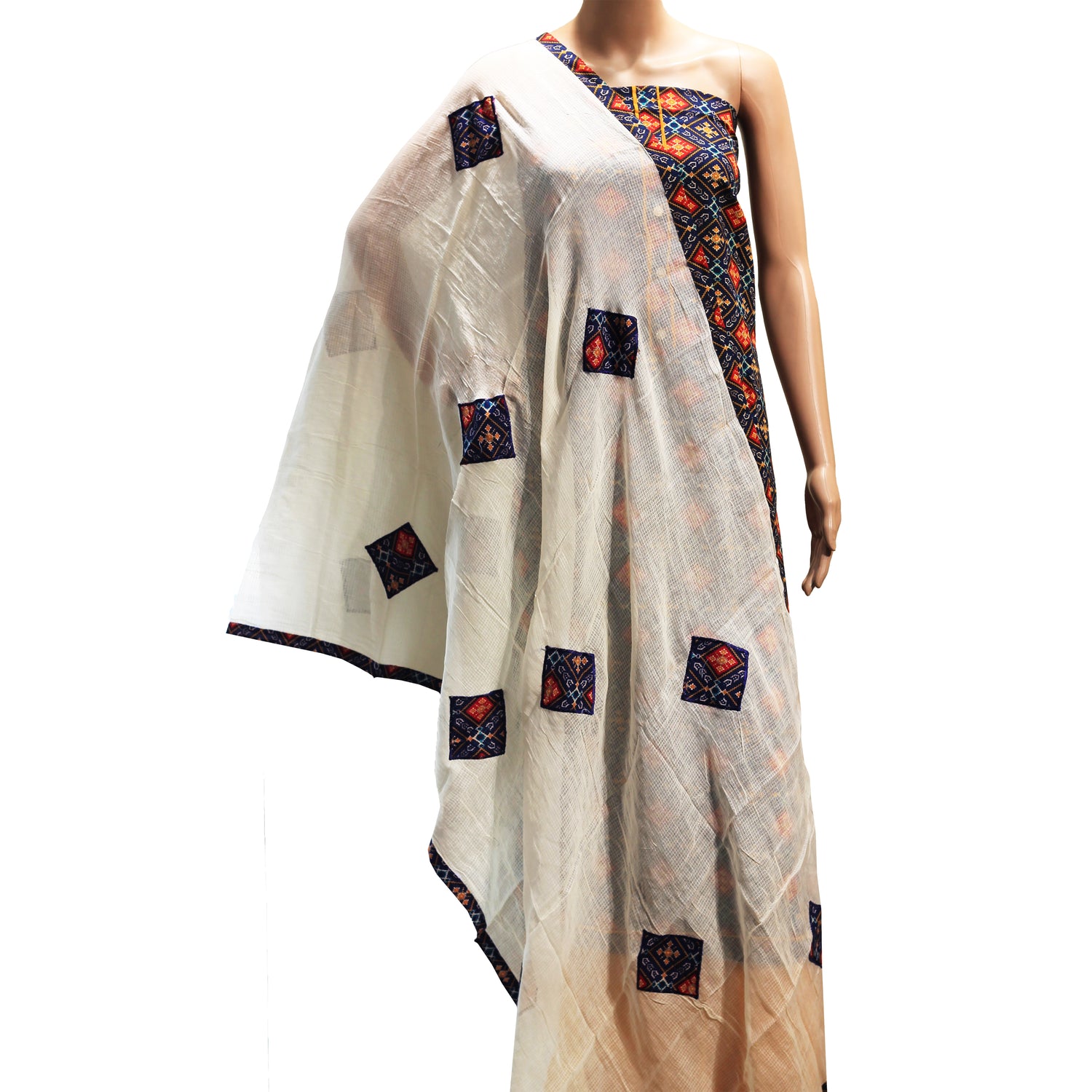 navy blue color patola print dress material with white cotton mul dupatta