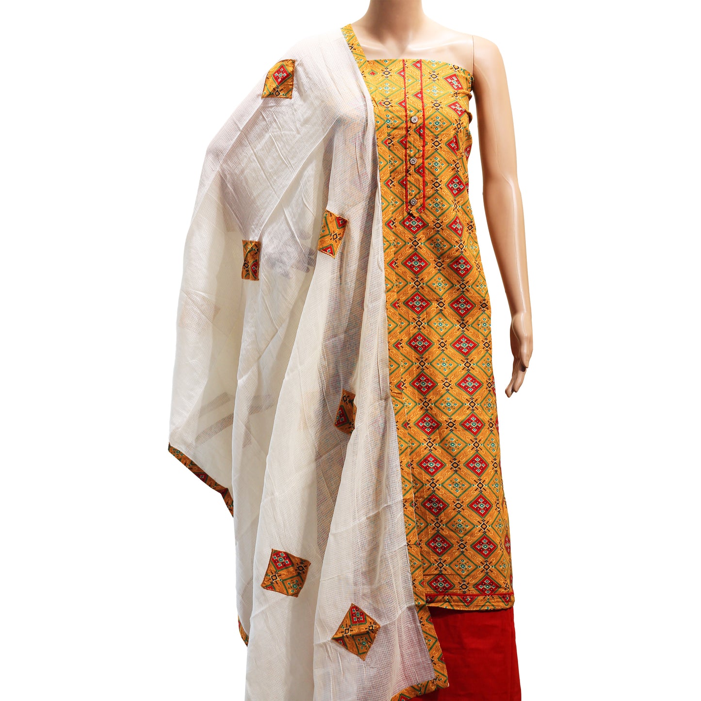 pure cotton mustard yellow color dress material with multi colored patola prints