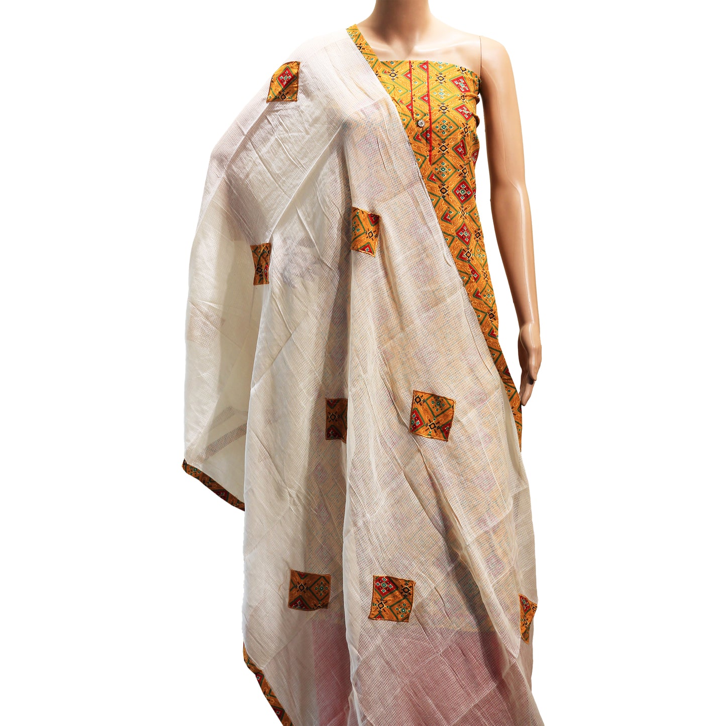 white color cotton mul dupatta with patch work in patola print