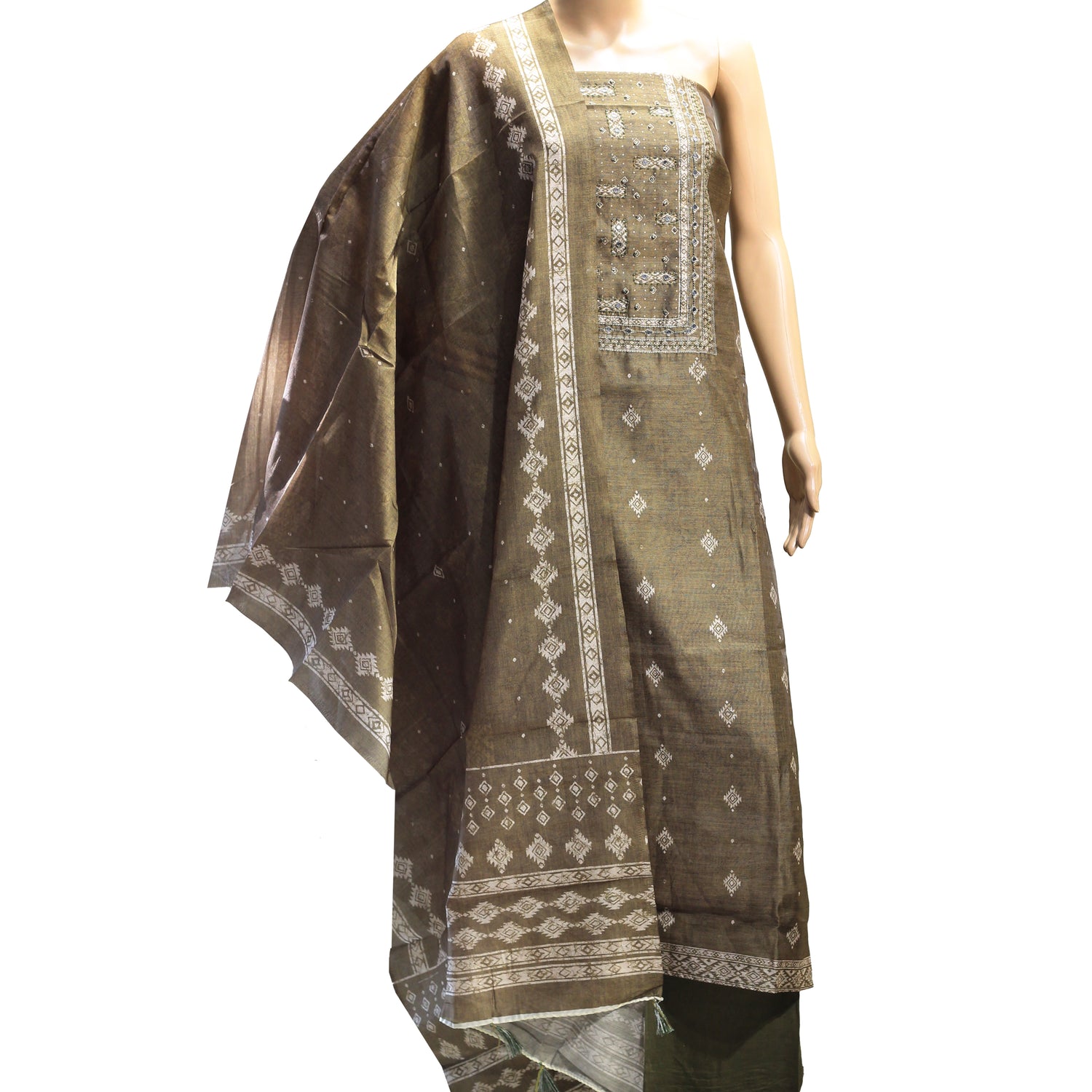 olive green color dress materials in silk fabric with sober print