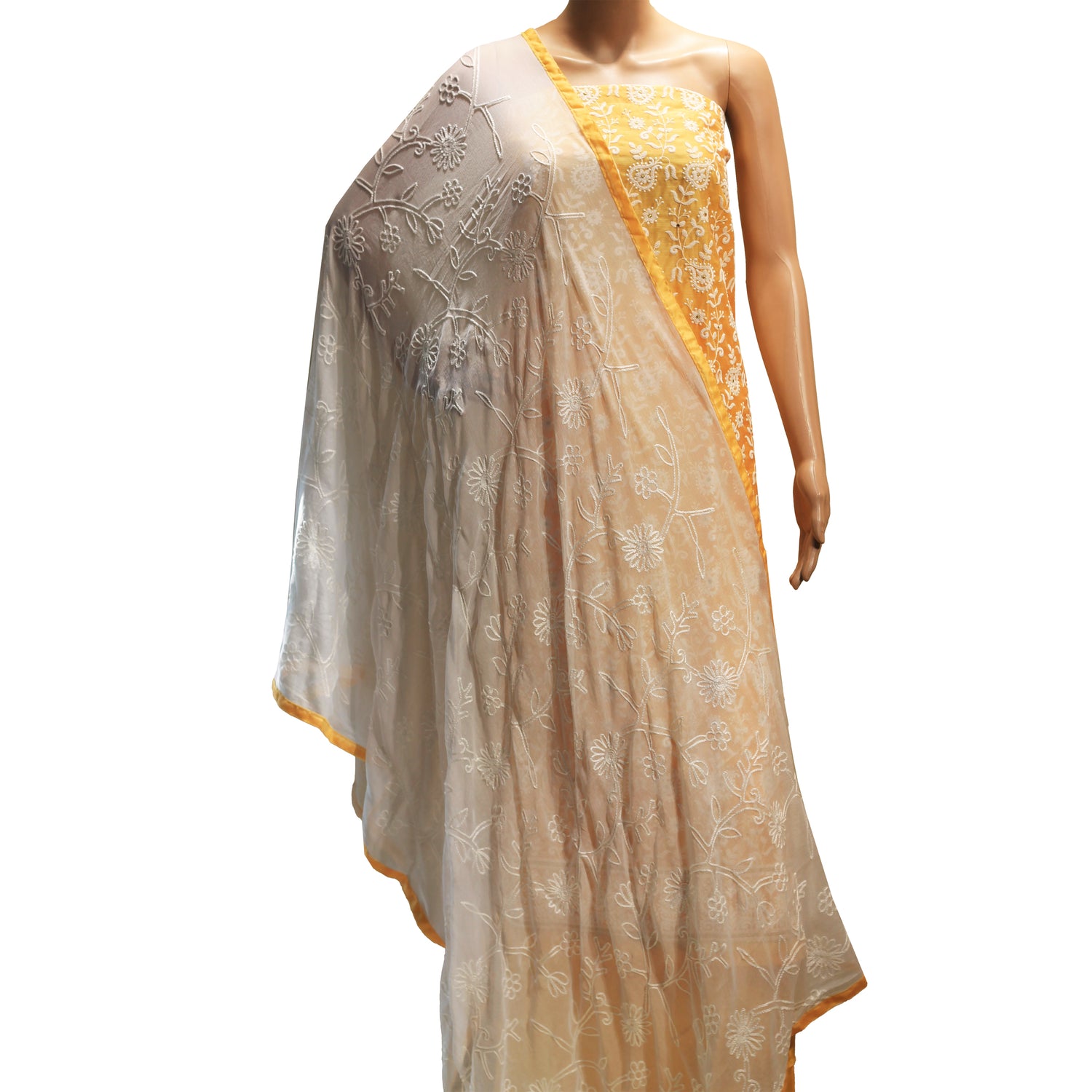yellow chanderi silk dress material with white chiffon dupatta with embroidery