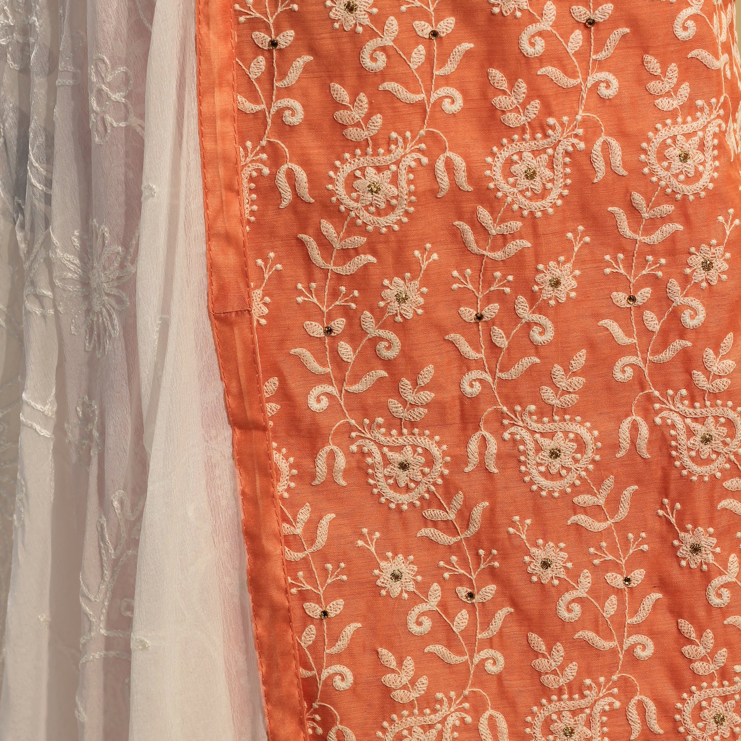 peach color silk dress material with embroidery