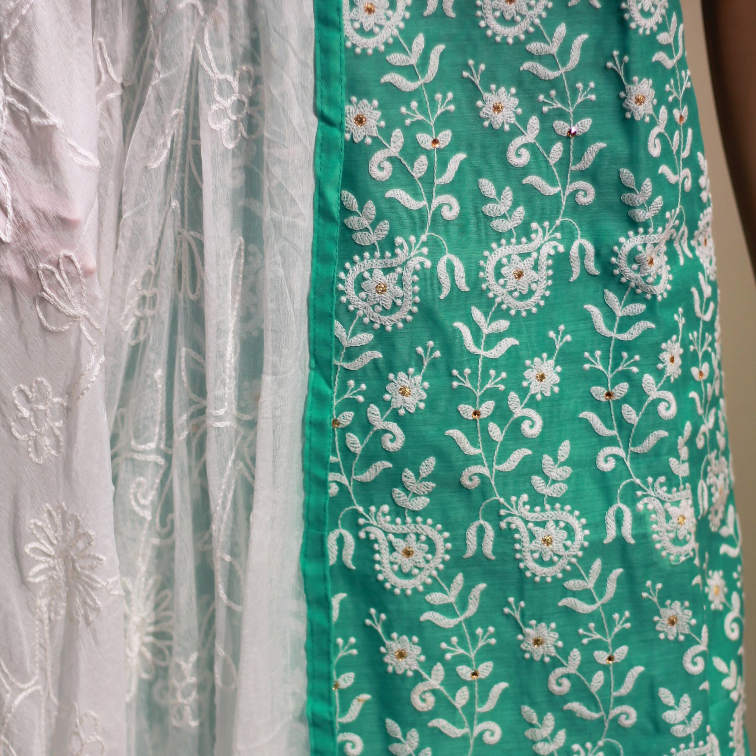 close up view of sea green color chanderi silk material