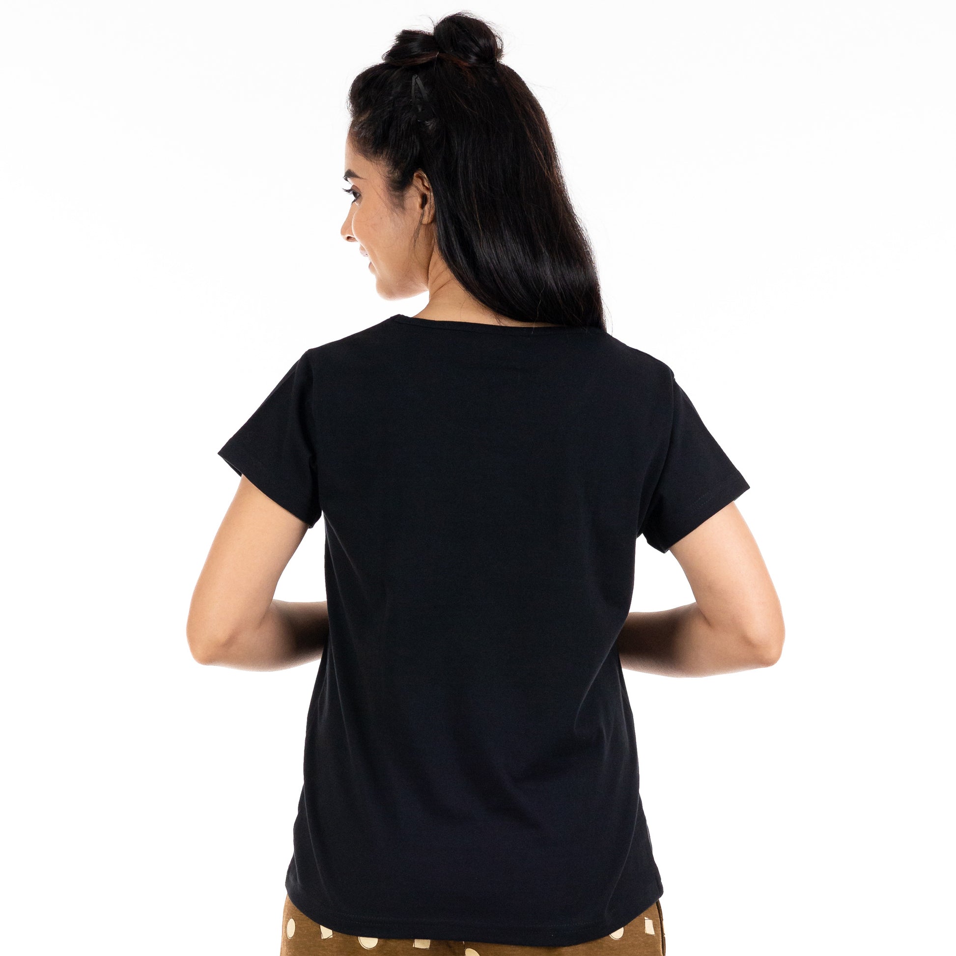 Back side of black tshirt of waist length