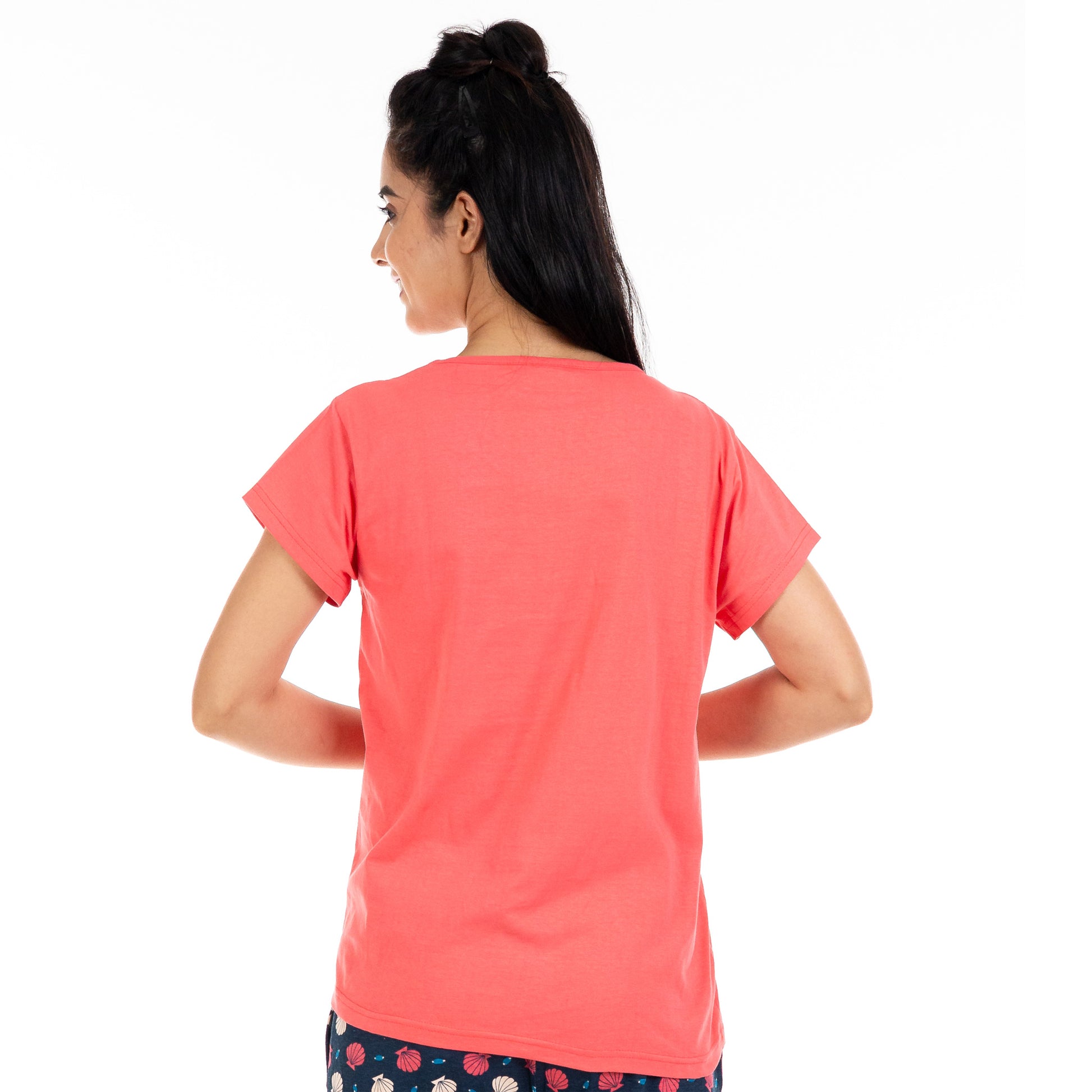 back side of coral color waist length tshirt