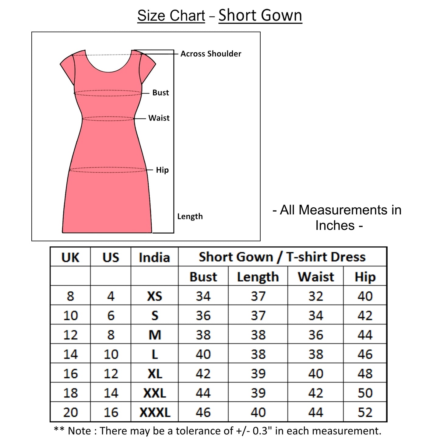 size chart of night short gown with measurements of all sizes
