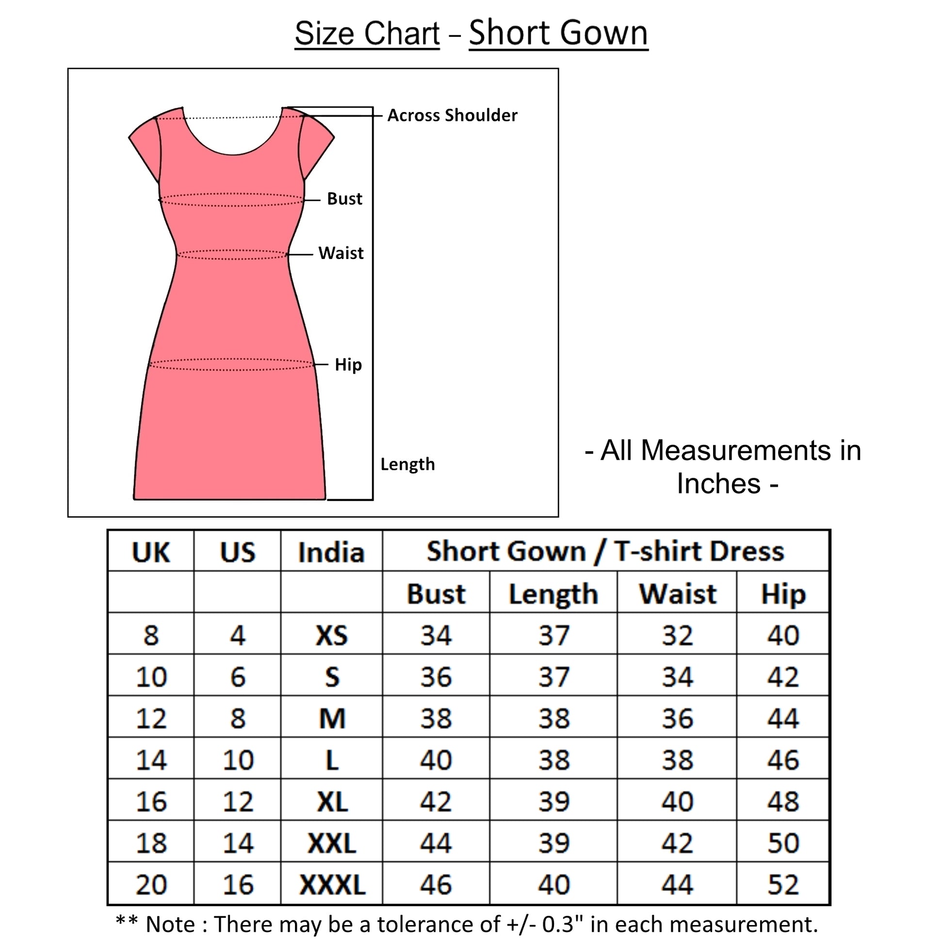 size chart of cotton knee length short night wear