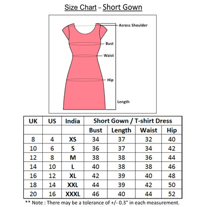 size chart of night short gown with measurements for all sizes
