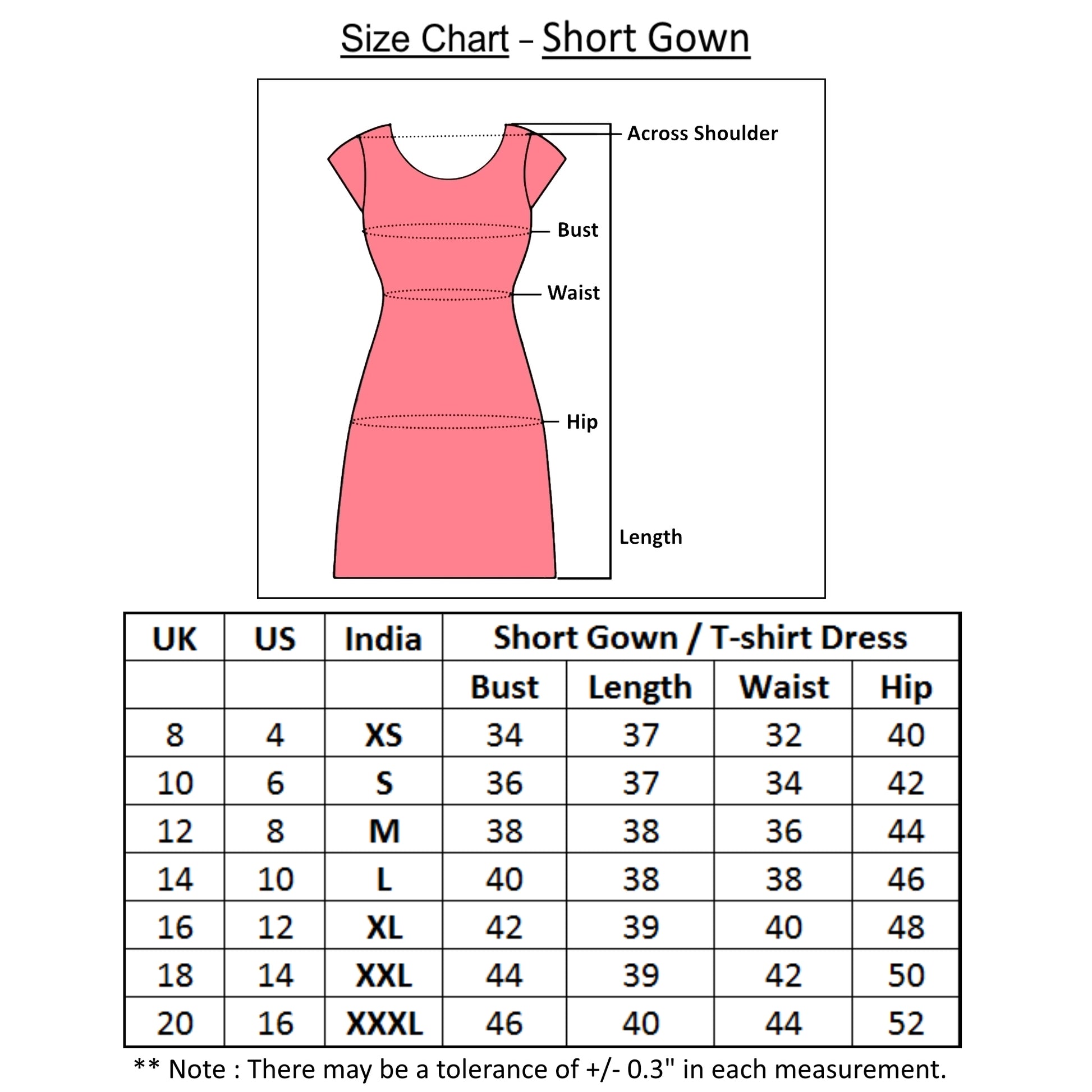 size chart of night short gown with measurement details of all sizes