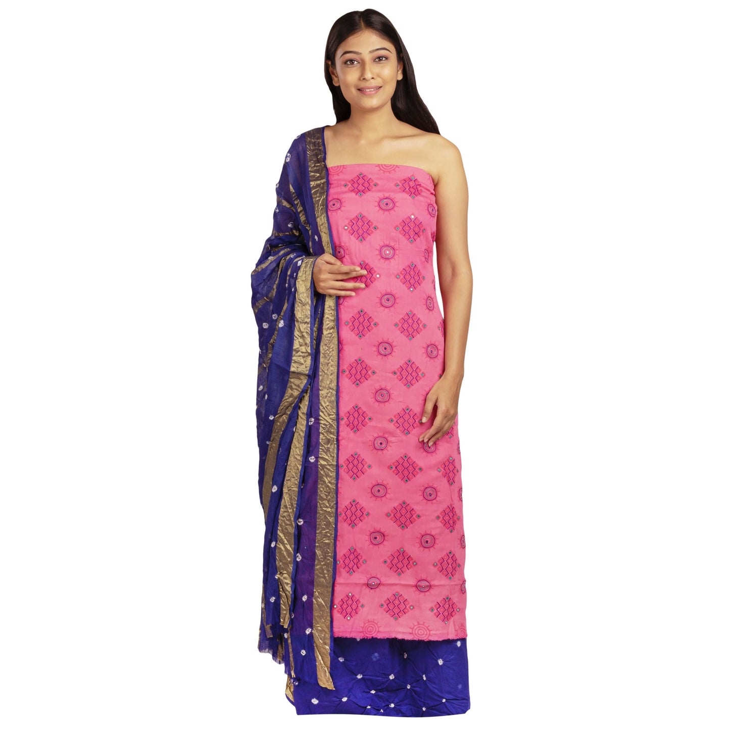Pink Cotton Bandhani Embroidered Dress Material