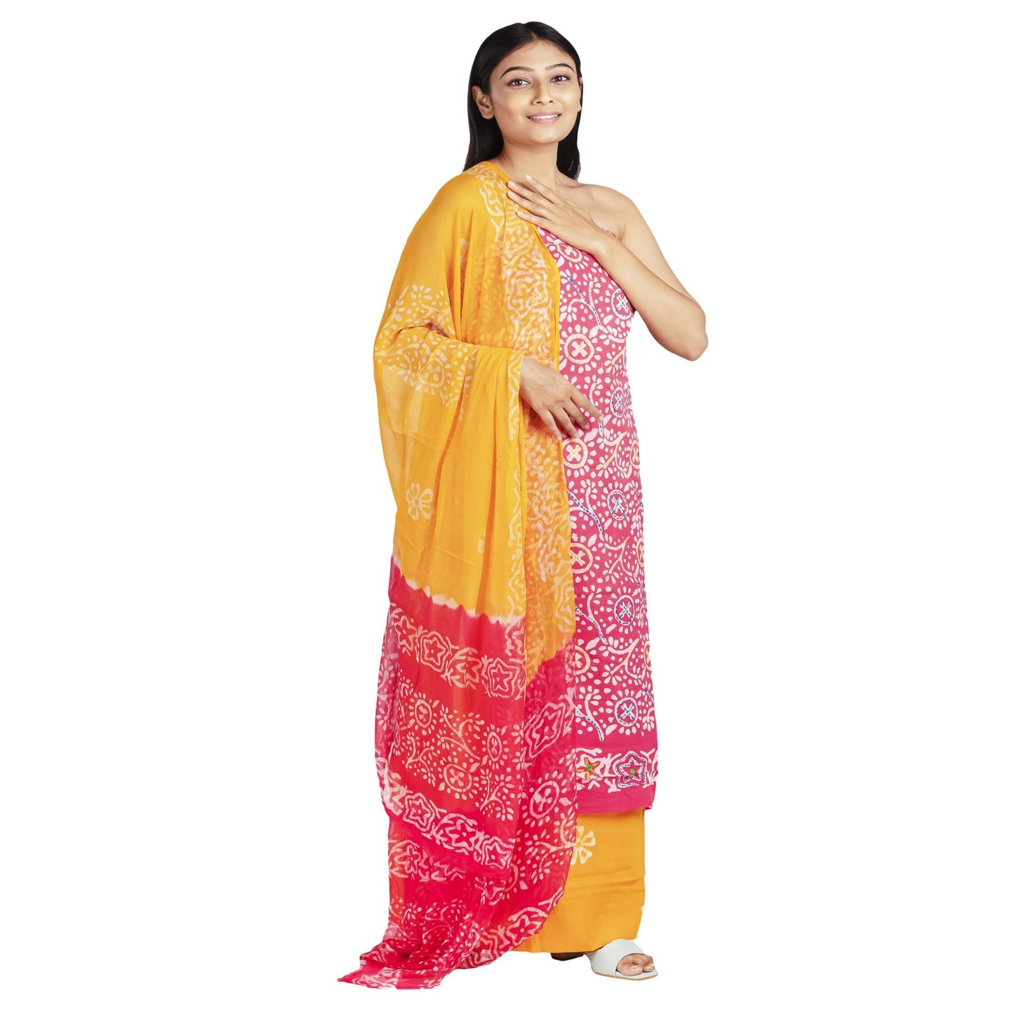 Pink Batik Dress Material with Chiffon dupatta