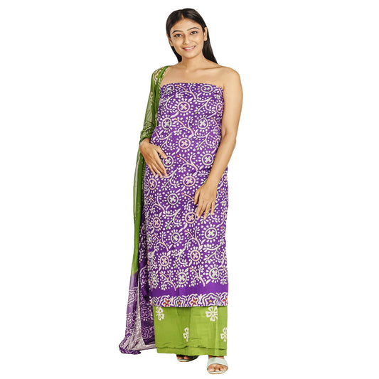 purple cotton top with embroidery and white print , green bottom with white print, chiffon dupatta in green and purple