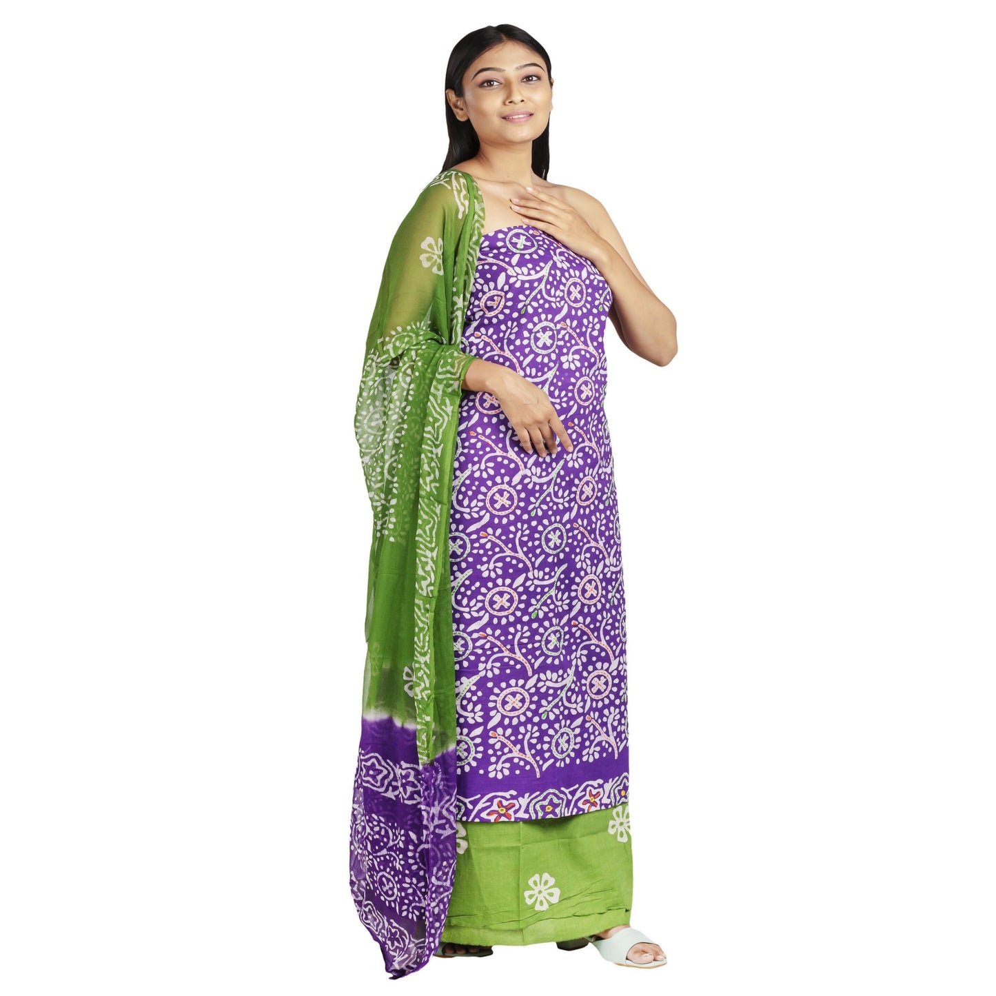 purple cotton top with embroidery and white print , green bottom with white print, chiffon dupatta in green and purple