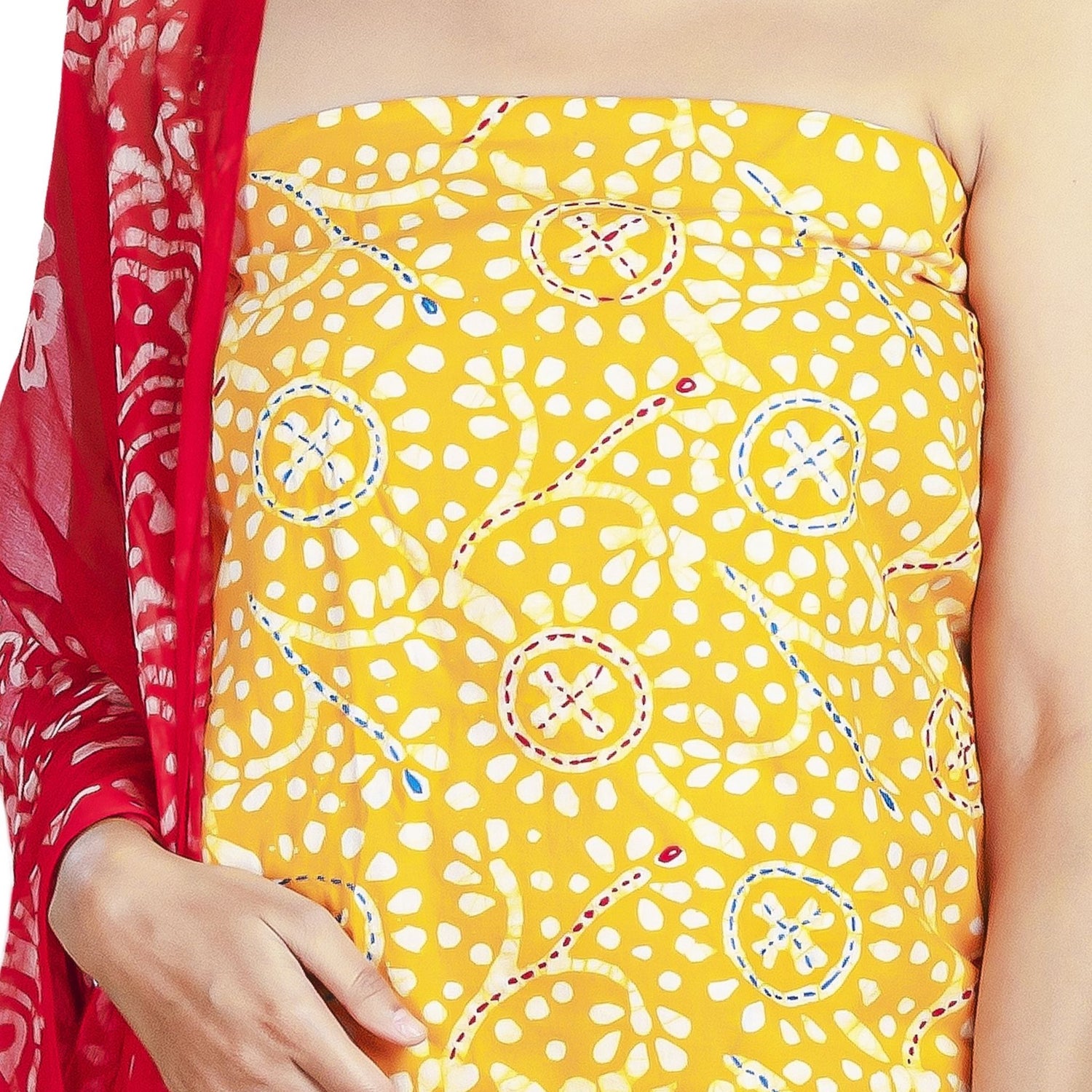 yellow cotton top with embroidery and white print , red bottom with white print, chiffon dupatta in red and yellow