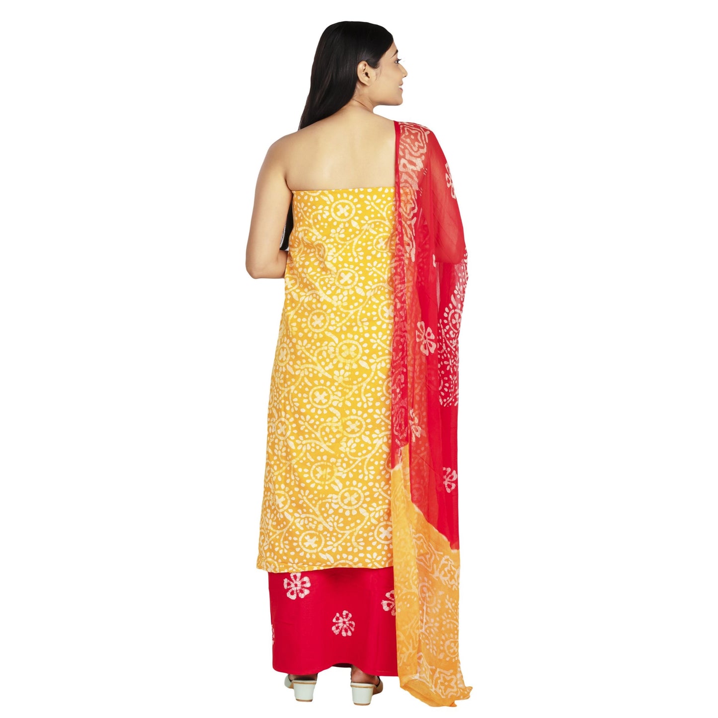 yellow cotton top with embroidery and white print , red bottom with white print, chiffon dupatta in red and yellow