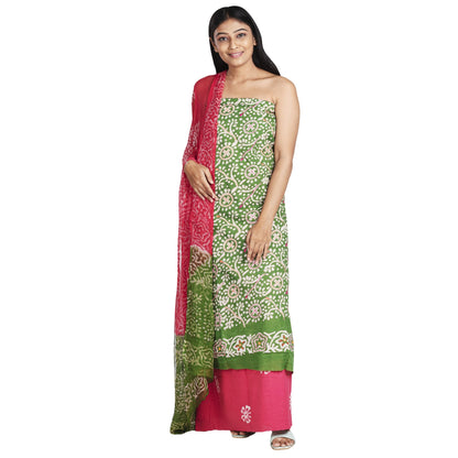 green cotton top with embroidery and white print ,pink bottom with white print, chiffon dupatta in green and pink 