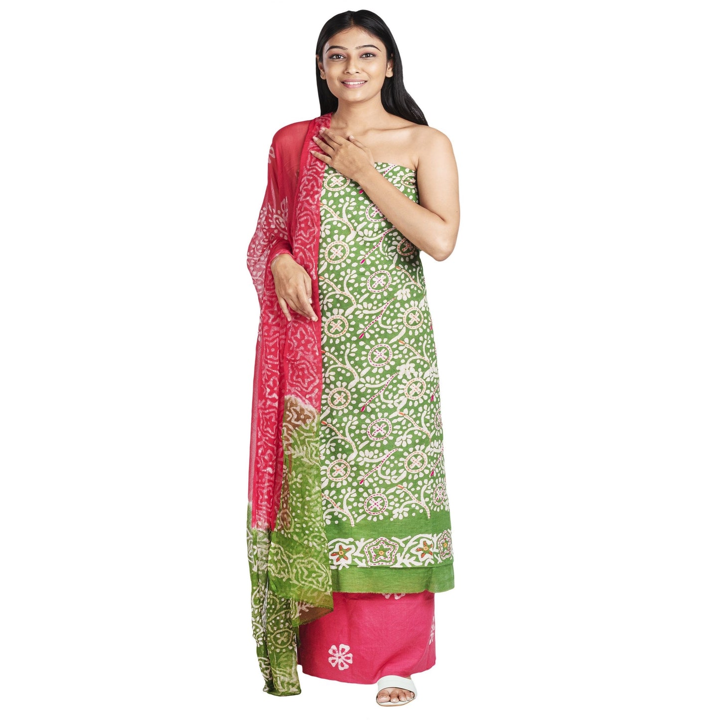 green cotton top with embroidery and white print ,pink bottom with white print, chiffon dupatta in green and pink 