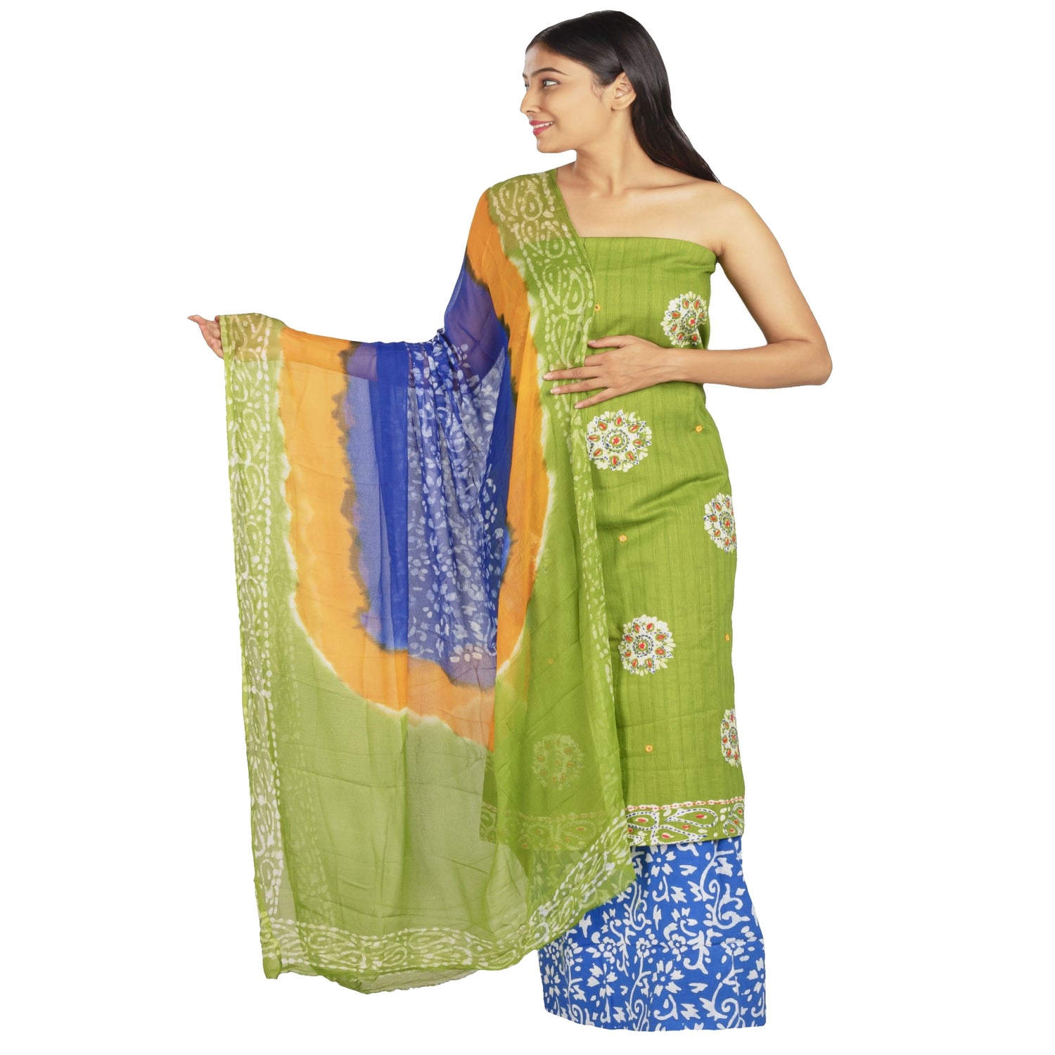 green cotton top with embroidery and print in white, blue cotton bottom, chiffon dupatta in green,orange and blue with print