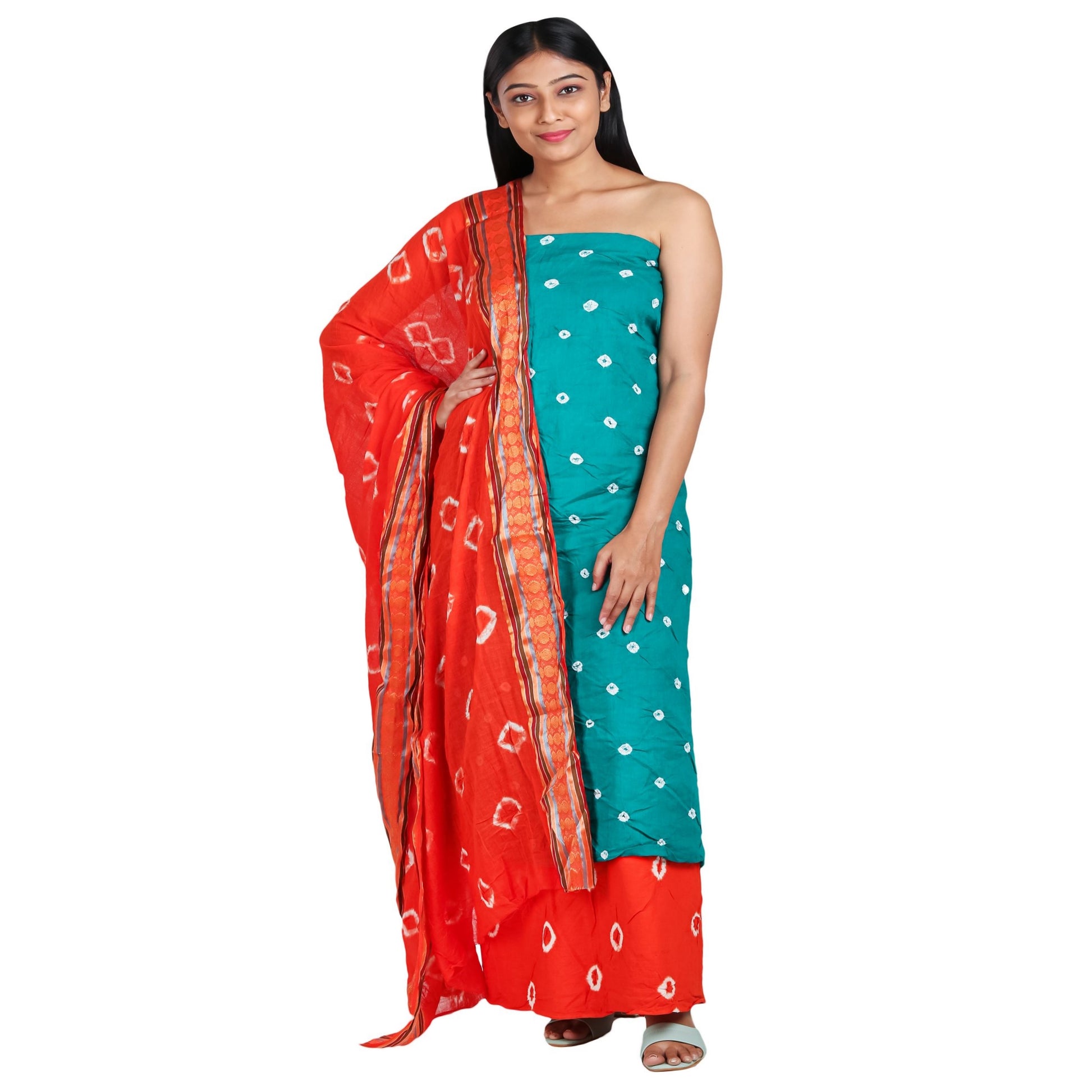 Teal cotton bandhani dress material orange bottom and dupatta all with white bandhej prints, dupatta has golden border