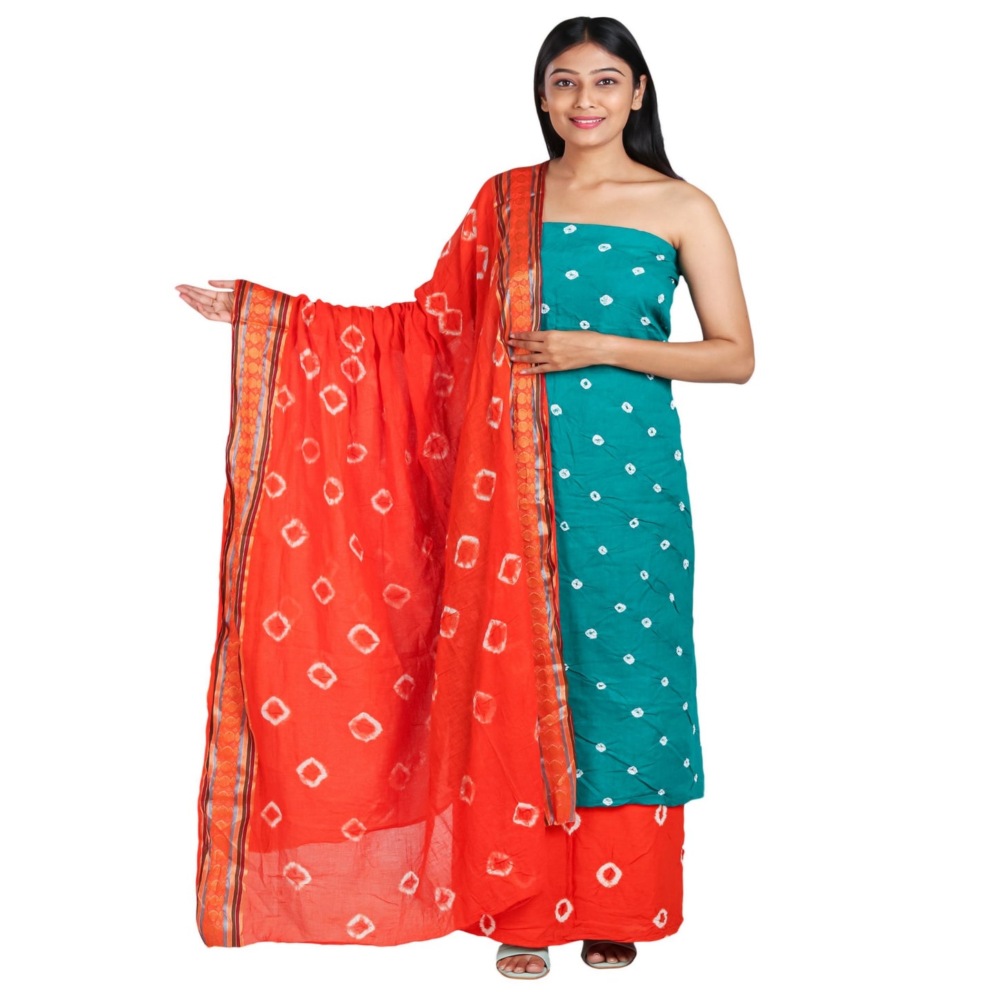Teal cotton bandhani dress material orange bottom and dupatta all with white bandhej prints, dupatta has golden border