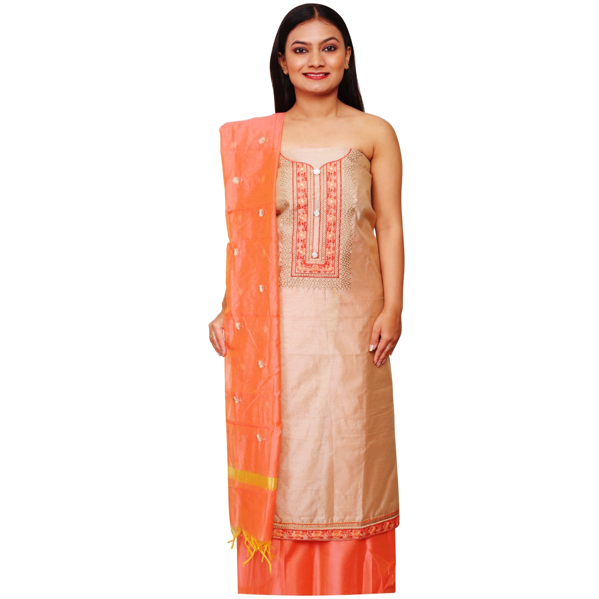 light cream color top with embroidery on yoke, chanderi dupatta with embroidery, cotton plain peach bottom