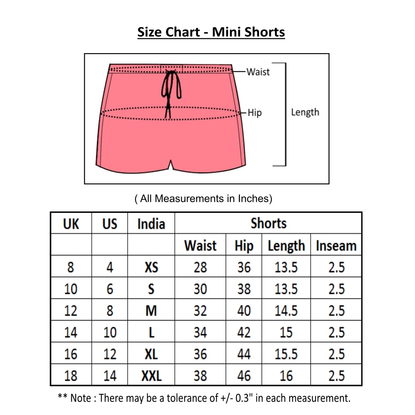 size chart of mini shorts with measurements for all sizes