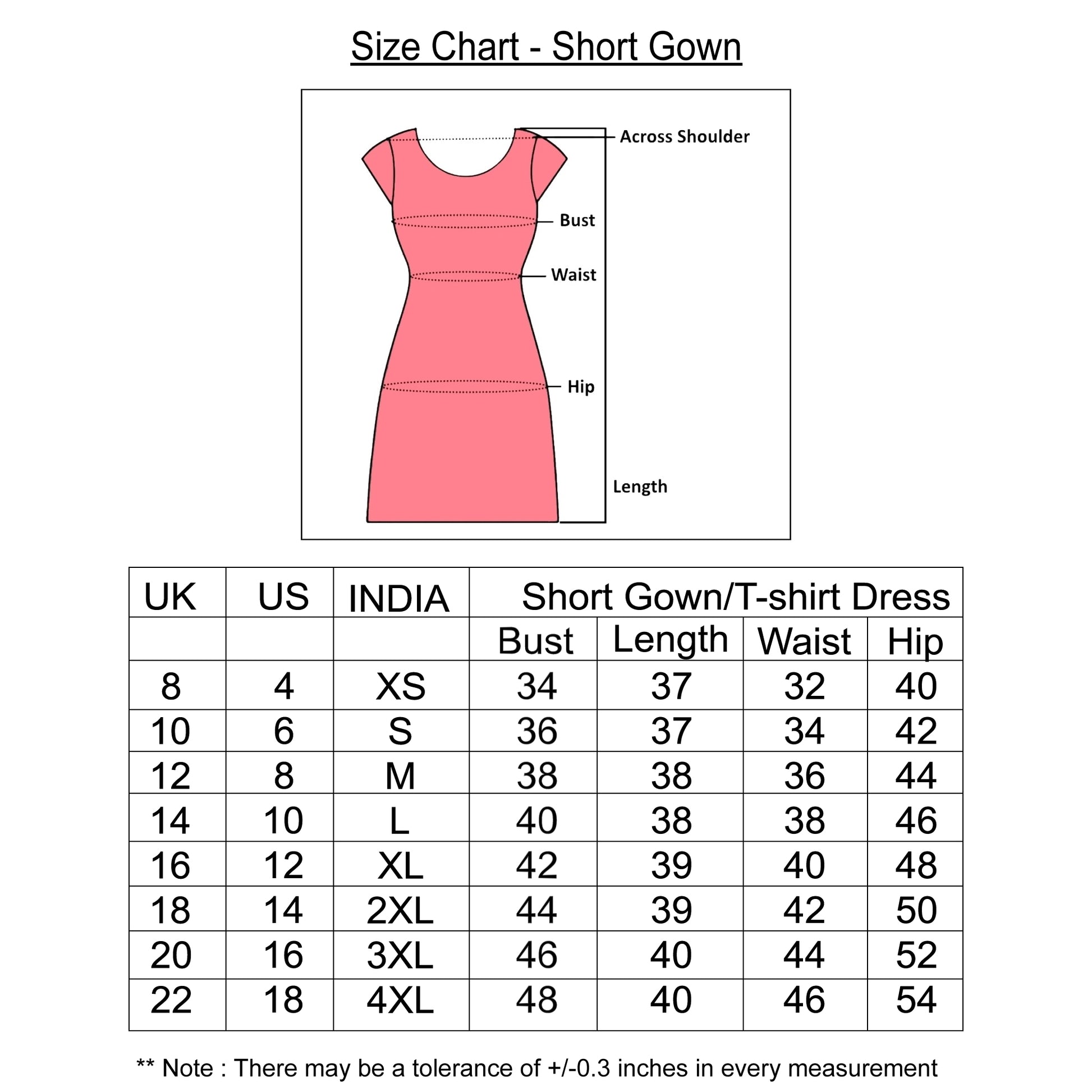 size chart of night short gown with measurements for small to 4xl sizes