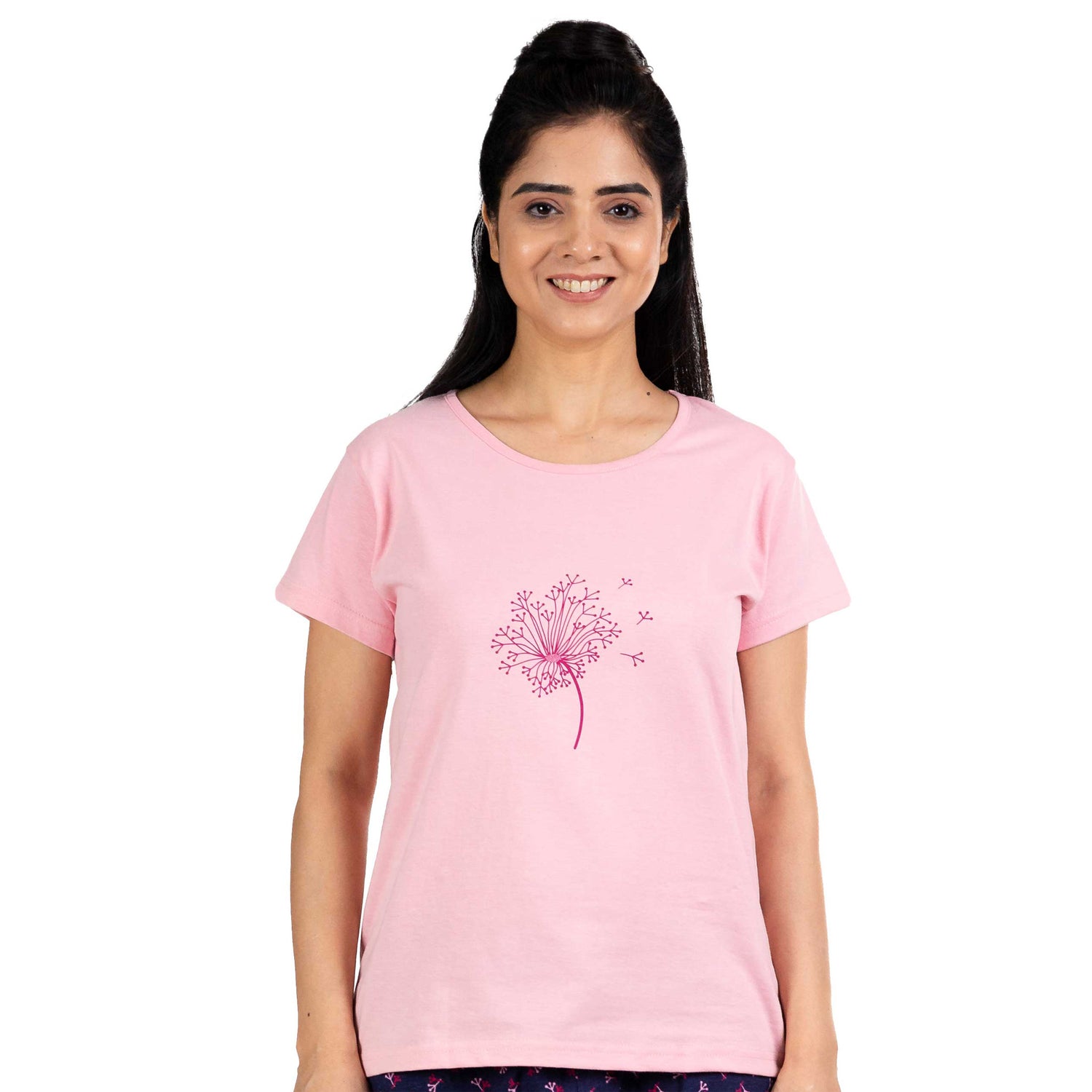 Baby pink color tshirt for women with round neck and short sleeves