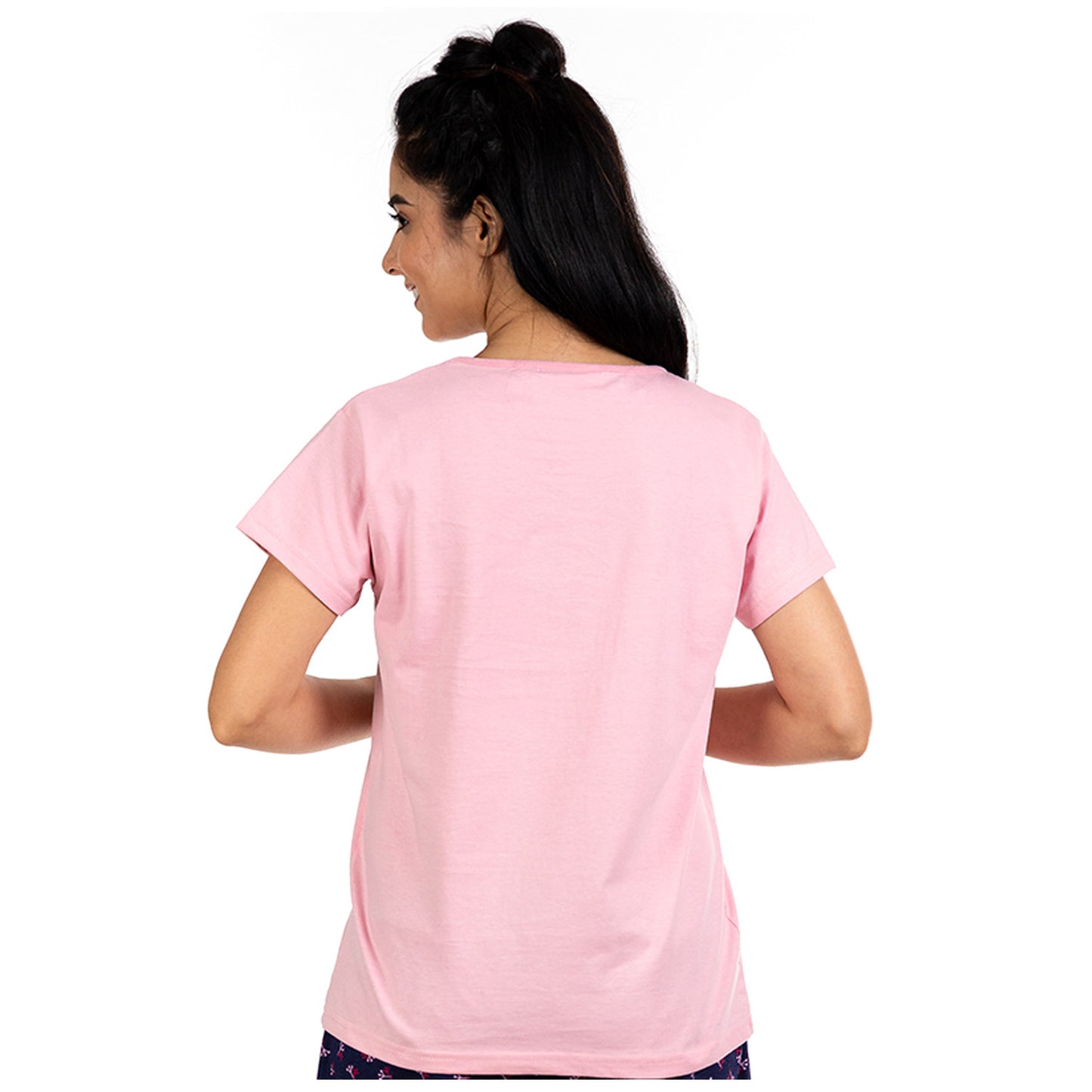 Back side of pink colour tshirt with short sleeves and round neck