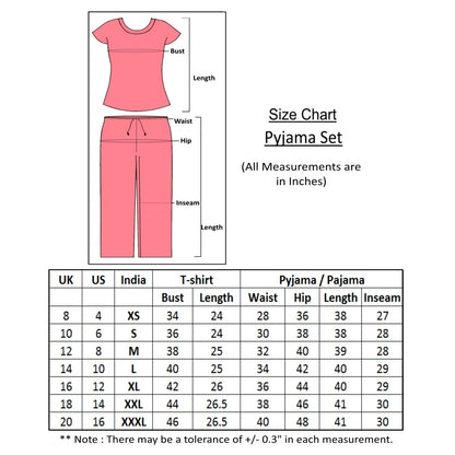 size chart for night suit pajama set for women with all sizes measurements