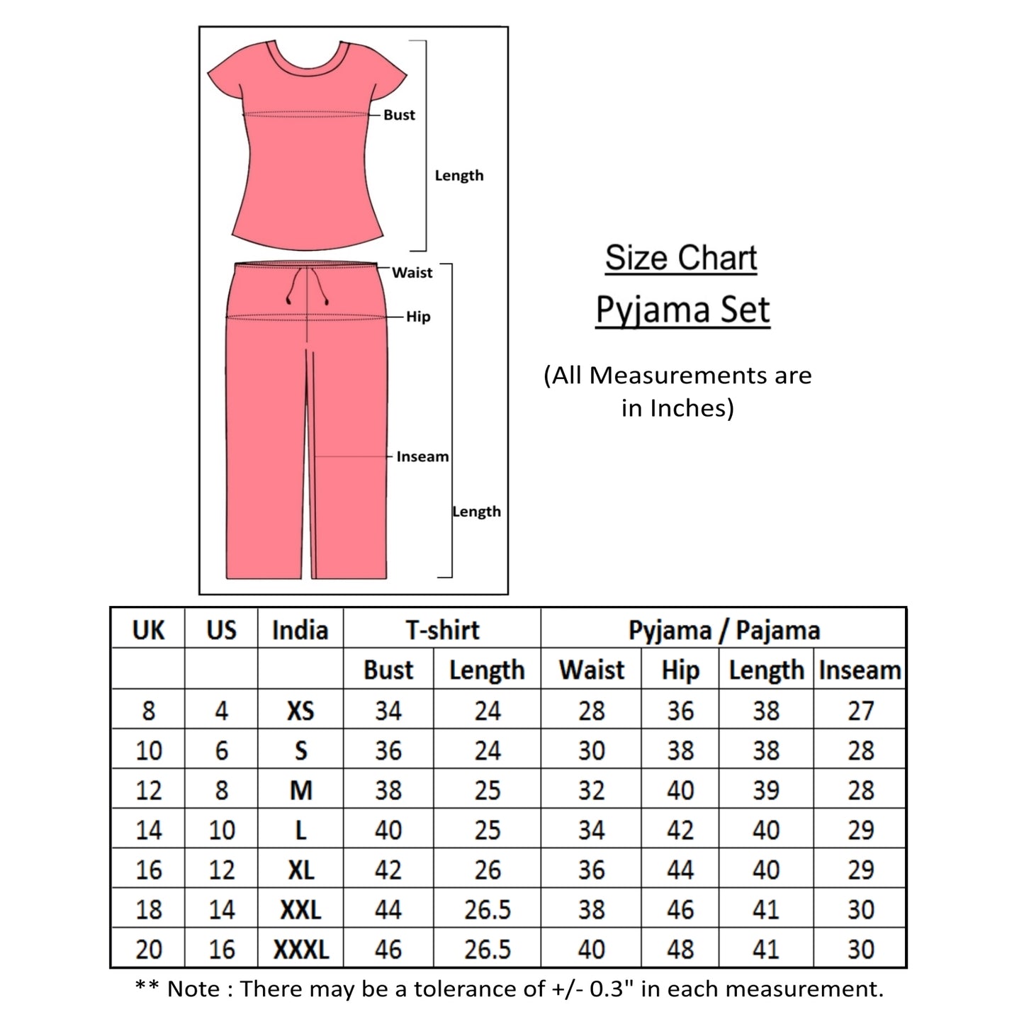 size chart of night suit pajama set with all measurements for all sizes