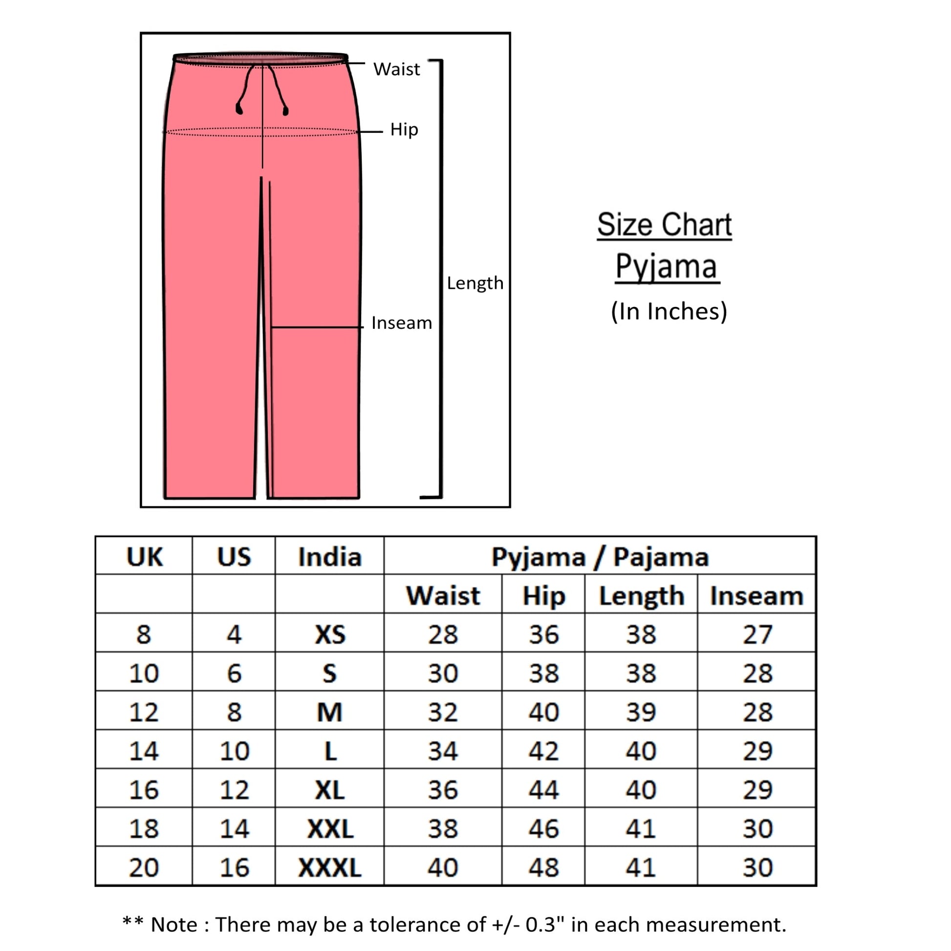 size chart for pyjama pants for women. Sizes available from small to 3xl