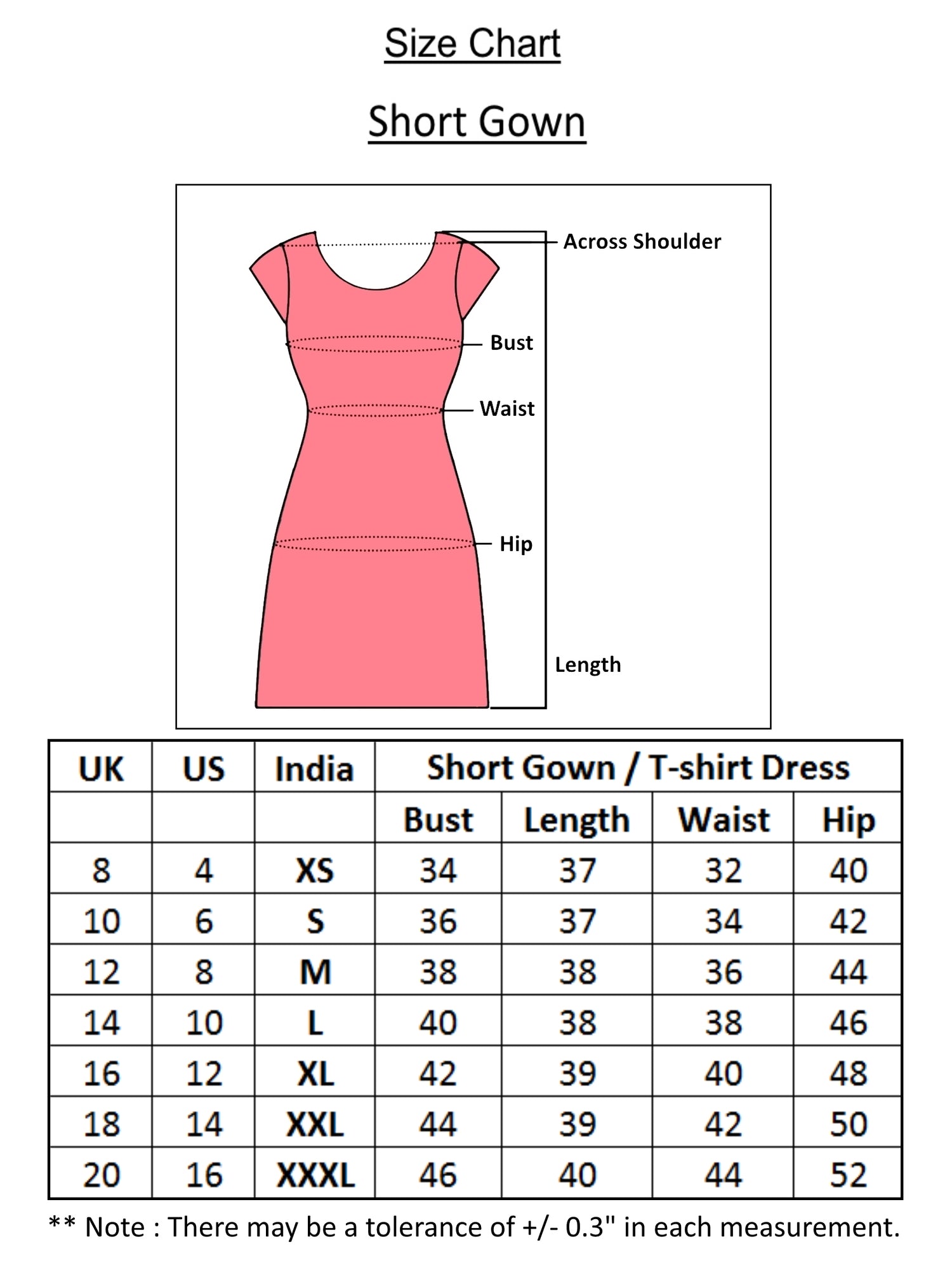 size chart with measurement details of all sizes of night short gown