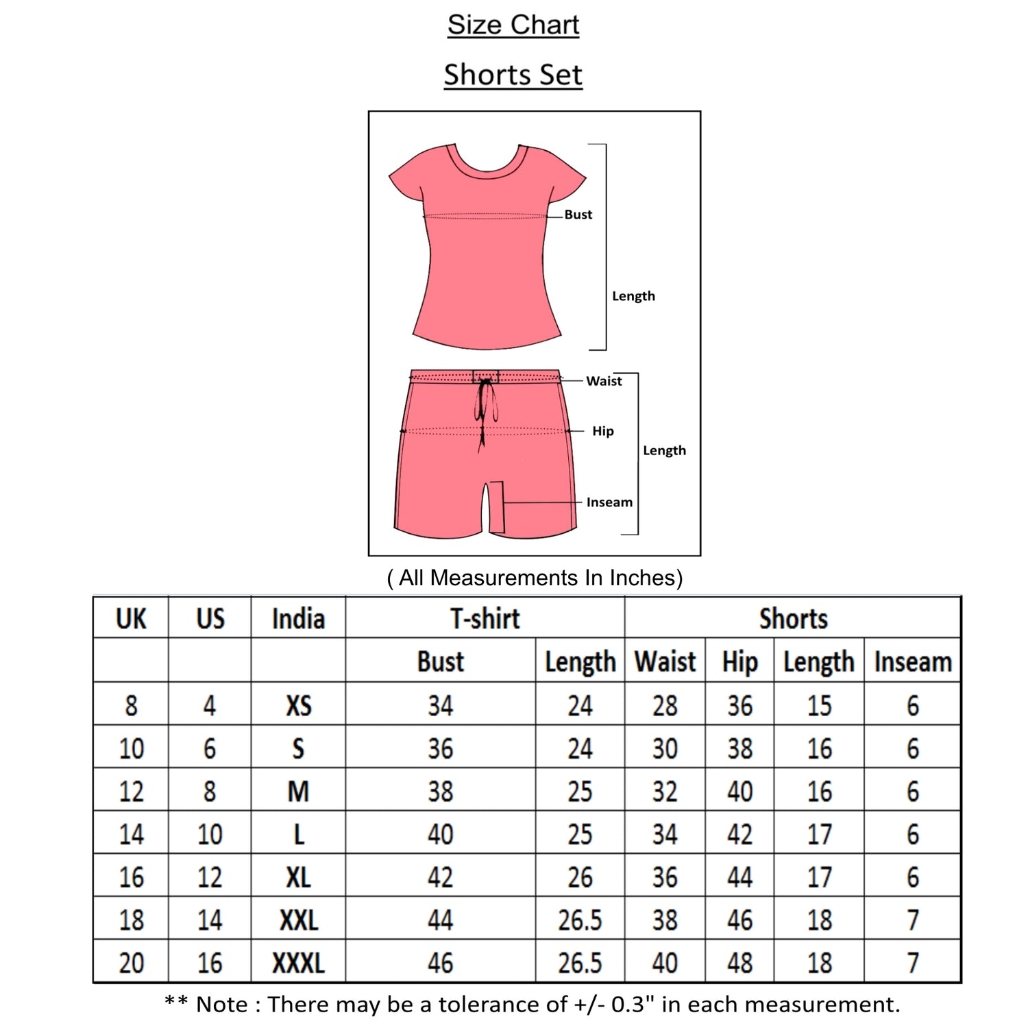 size chart of night shorts set for women with all measurements. 