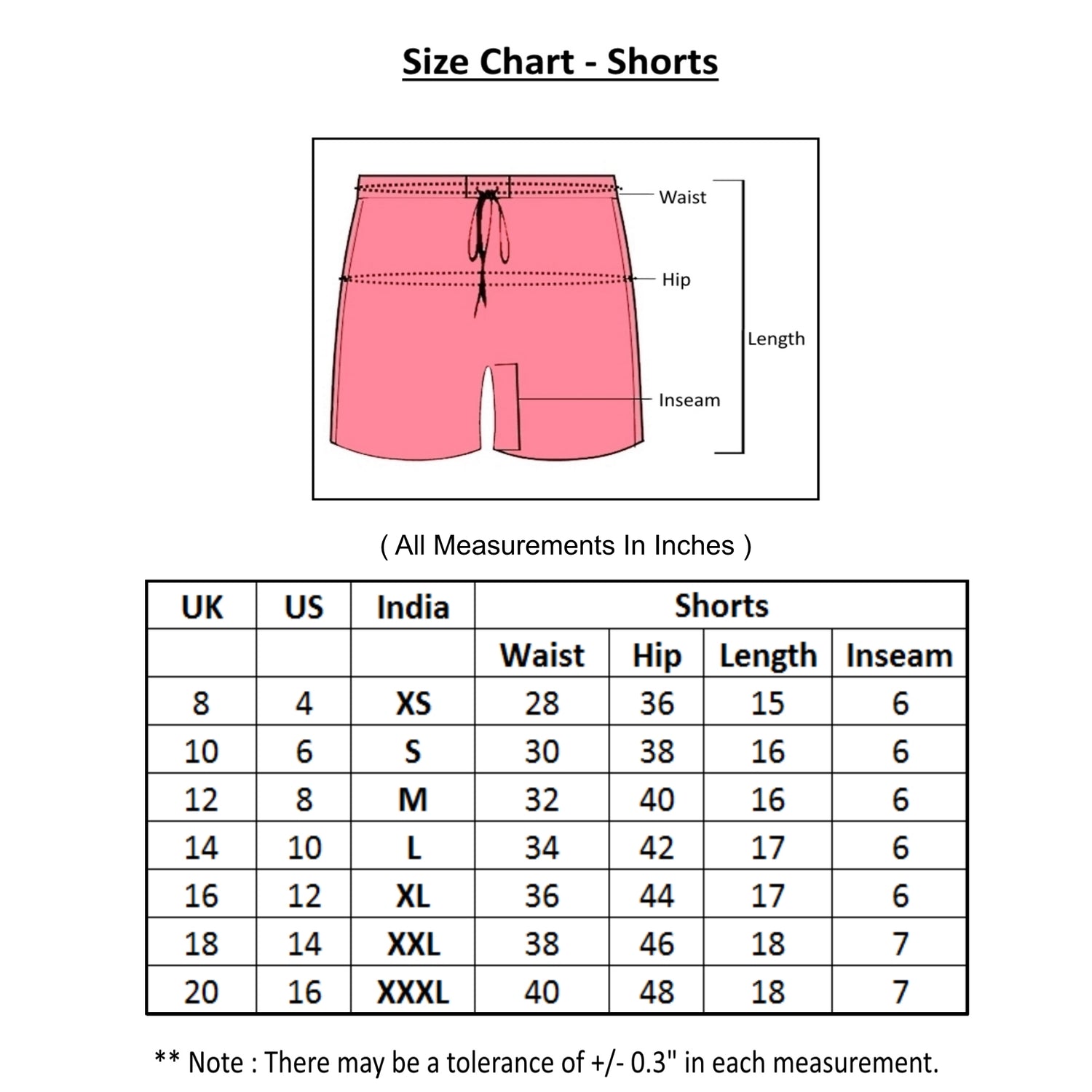 size chart for cotton night shorts with all measurement details for all sizes