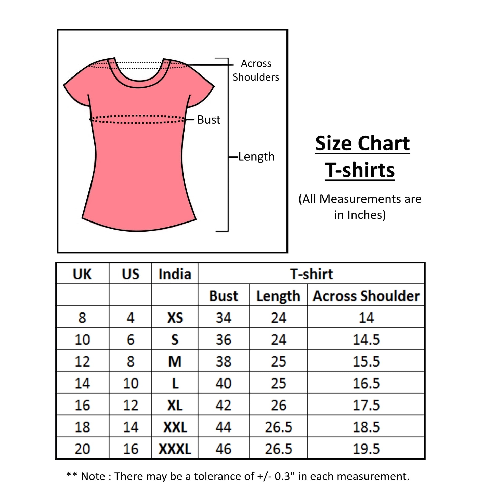 Size chart for t-shirts for ladies. Available in sizes from small to 3xl