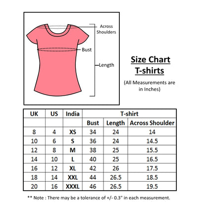 Size chart for t-shirts for ladies. Available in sizes from small to 3xl