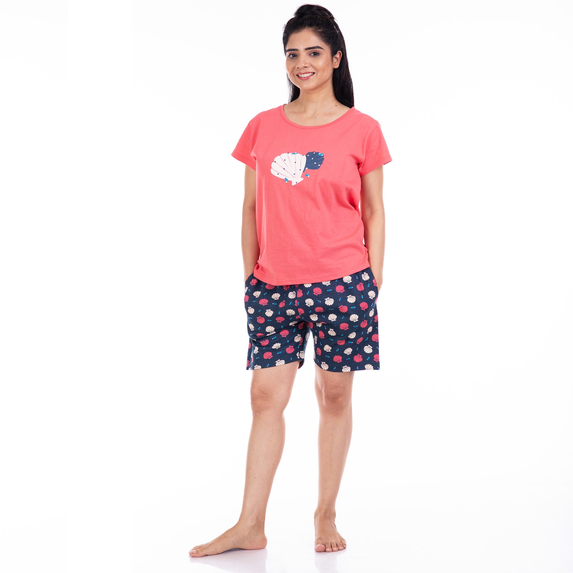 coral colour tshirt perfect to wear as a night wear also also casually with jeans pants or shorts