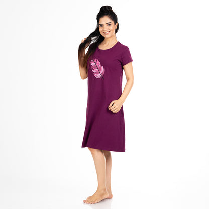 Purple cotton short nighty with feather on chest, round neck and short sleeve, knee length gown