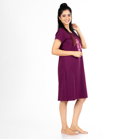 purple cotton short nighty with pink feather print on chest, round neck and short sleeve, knee length gown