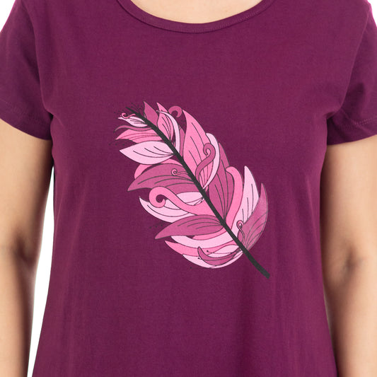 close up view of purple colour short nighty with feather print on the chest in shades of pink