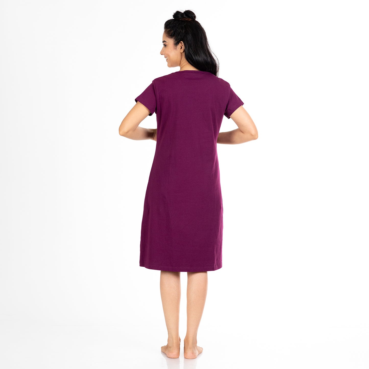 back side of purple colour tshirt dress with round neck