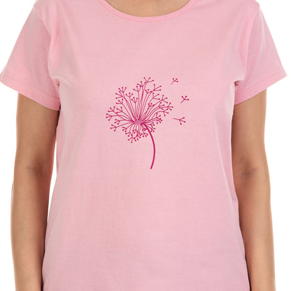 Baby pink color t-shirt with maroon color chest floral print, round neck and short sleeves