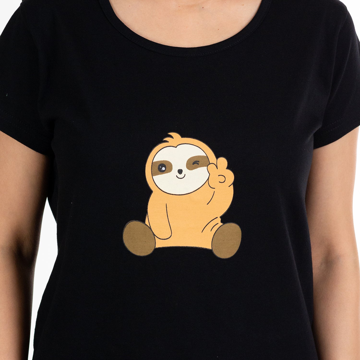 brown color sloth print on black color tshirt. Round neck and short sleeves