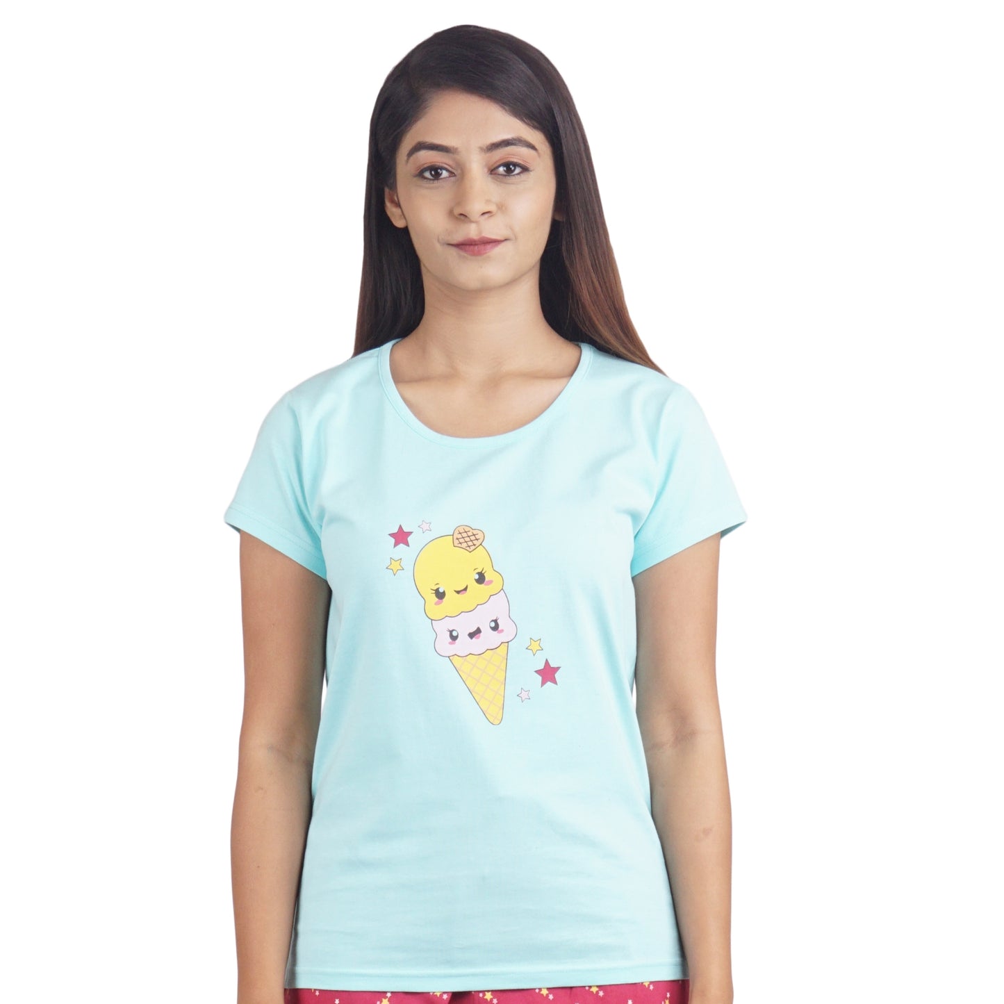 light blue t shirt with round neck and short sleeve, it has ice cream cone print in yellow and light pink color