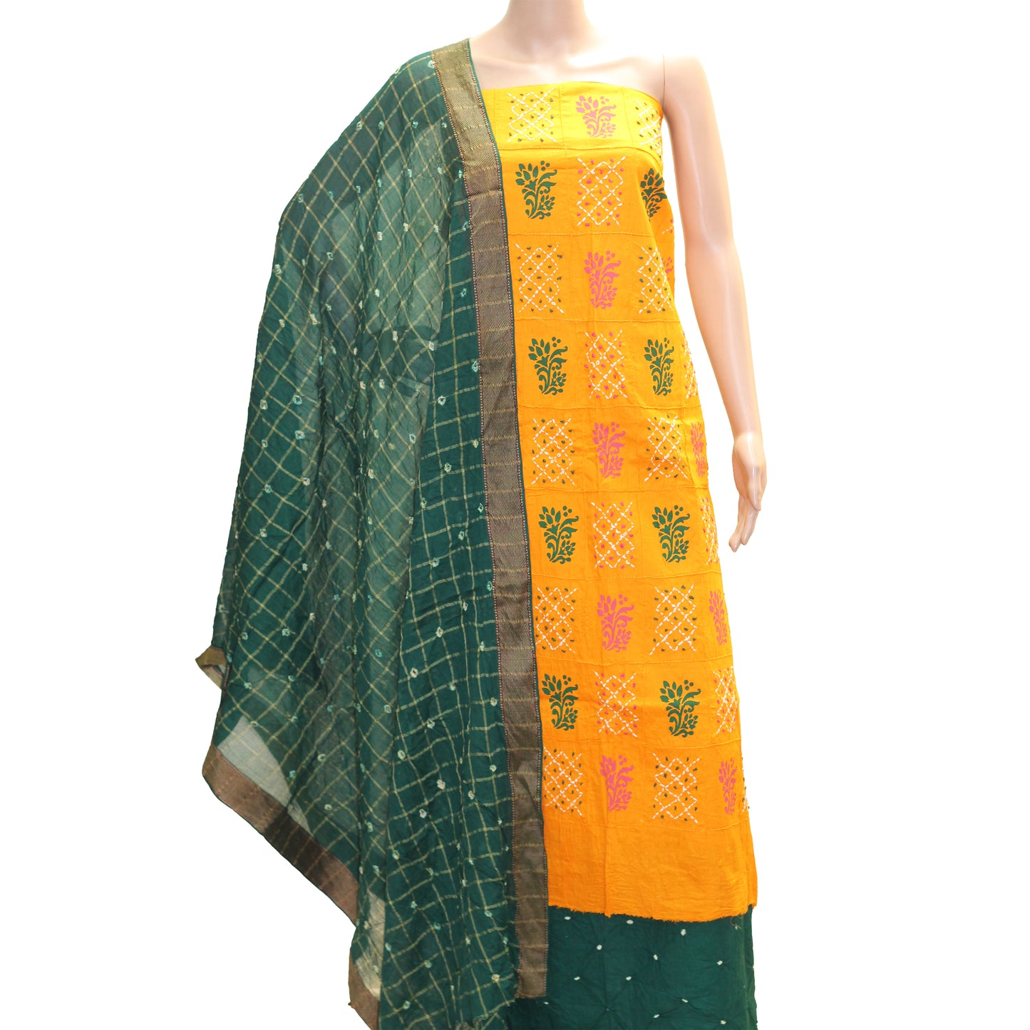 Yellow Cotton Bandhani Dress Material